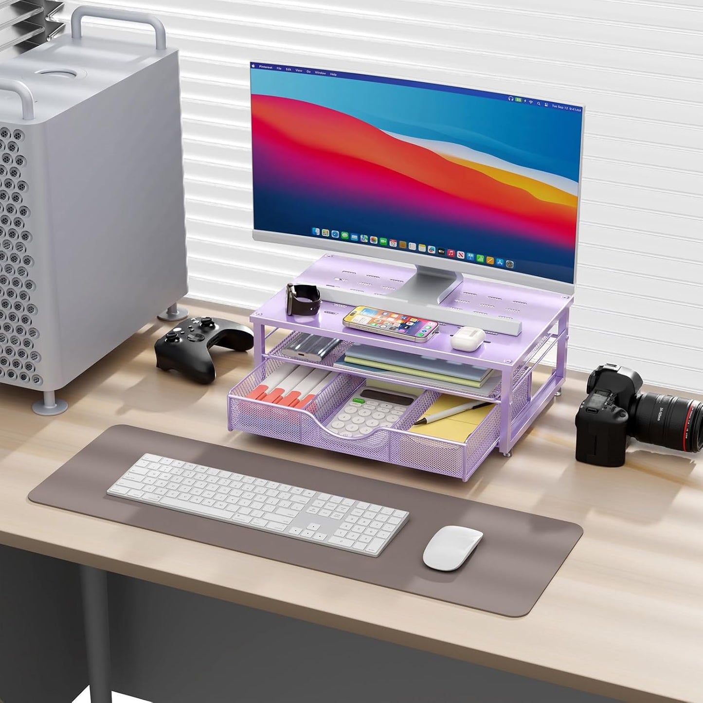 Computer Monitor Stand Riser, Office Organizer with Drawer, Office Organizers Storage for Classroom Office Supplies (Purple)