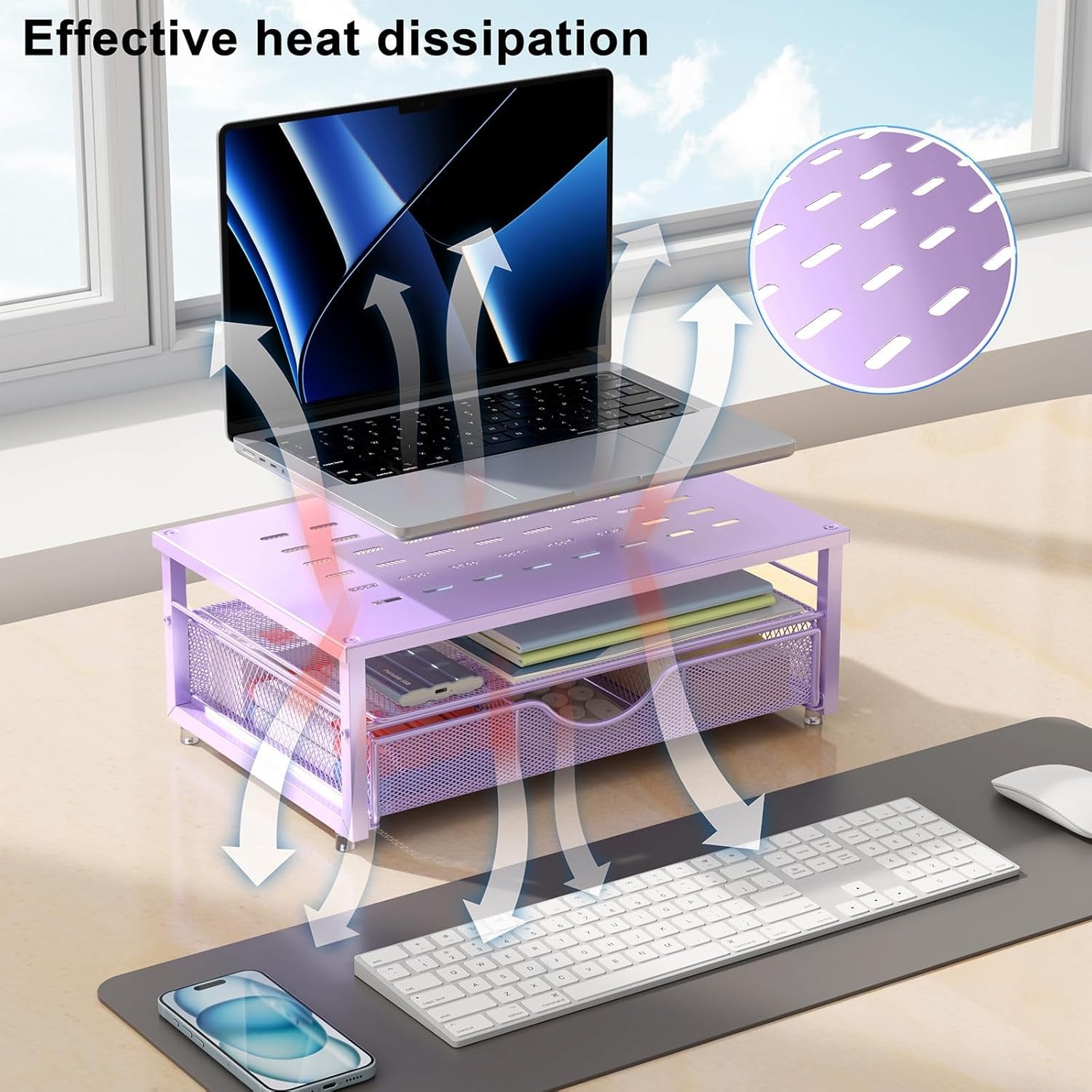 Computer Monitor Stand Riser, Office Organizer with Drawer, Office Organizers Storage for Classroom Office Supplies (Purple)