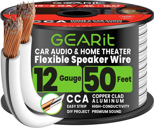 Speaker Wire 12 Gauge 50 Ft,Speaker Cable with Foot Markers & Polarity Markings,12 Gauge Wire for Car Audio & Home Theater Speakers,Audio Cable for DIY Installations,Cca(White)