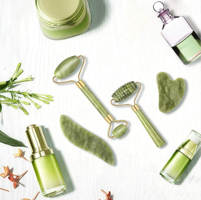 4-Pcs Jade Roller & Gua Sha Set, Facial Roller Massager with Gua Sha Scraping Tool, Jade Stone Massager for Anti-Aging, Slimming & Firming, Rejuvenate Face and Neck, Remove Wrinkles & Eye Puffiness