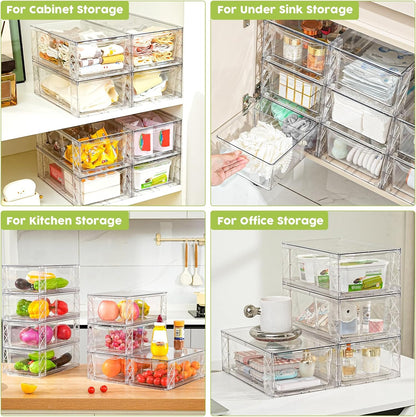 6Pack Acrylic Storage Drawers, Clear Stackable Storage Drawers, Acrylic Storage Bins with Drawers for Fridge Organizers, Plasticdrawers Stackable for Makeup Organizers Cosmetic Display, Medium