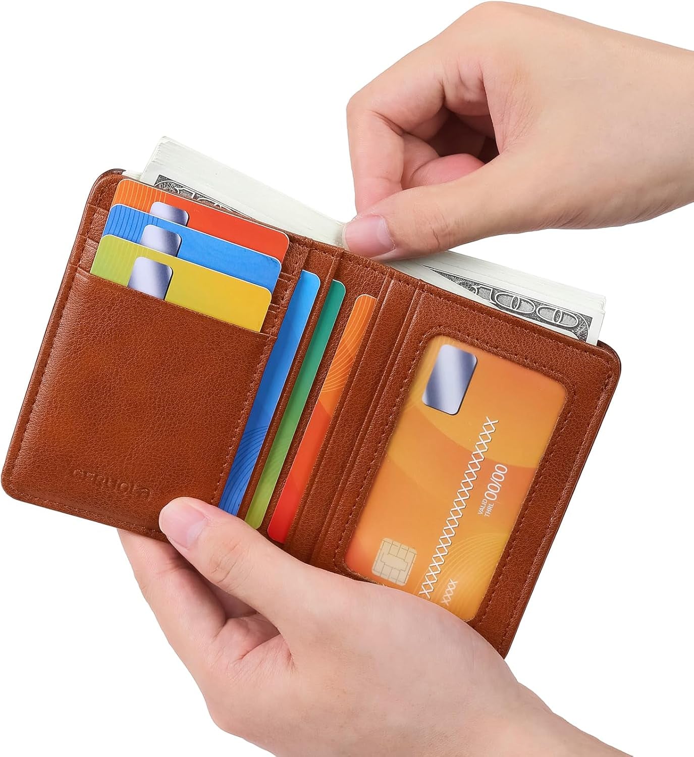 Bifold Slim Men Wallet Genuine Leather Thin, Small Vertical RFID Blocking Wallets for Men ，Compact & Stylish with Clear ID Windows (Brown)