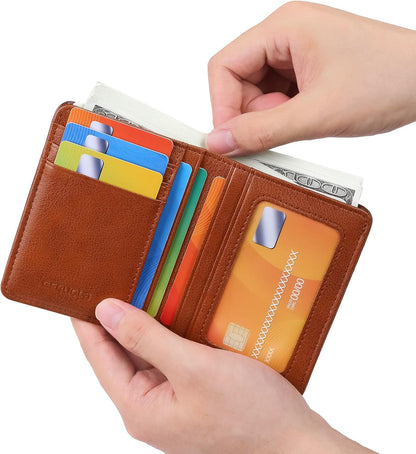 Bifold Slim Men Wallet Genuine Leather Thin, Small Vertical RFID Blocking Wallets for Men ，Compact & Stylish with Clear ID Windows (Brown)