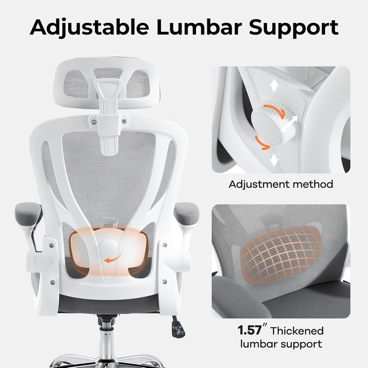 Office Chair Ergonomic Office Chair with Lumbar Support, Head Support, Rocking Function, Filp-Up Armrests, Mesh High Back Chair Home Office Desk Chair, Suitable for Home, Office, Grey