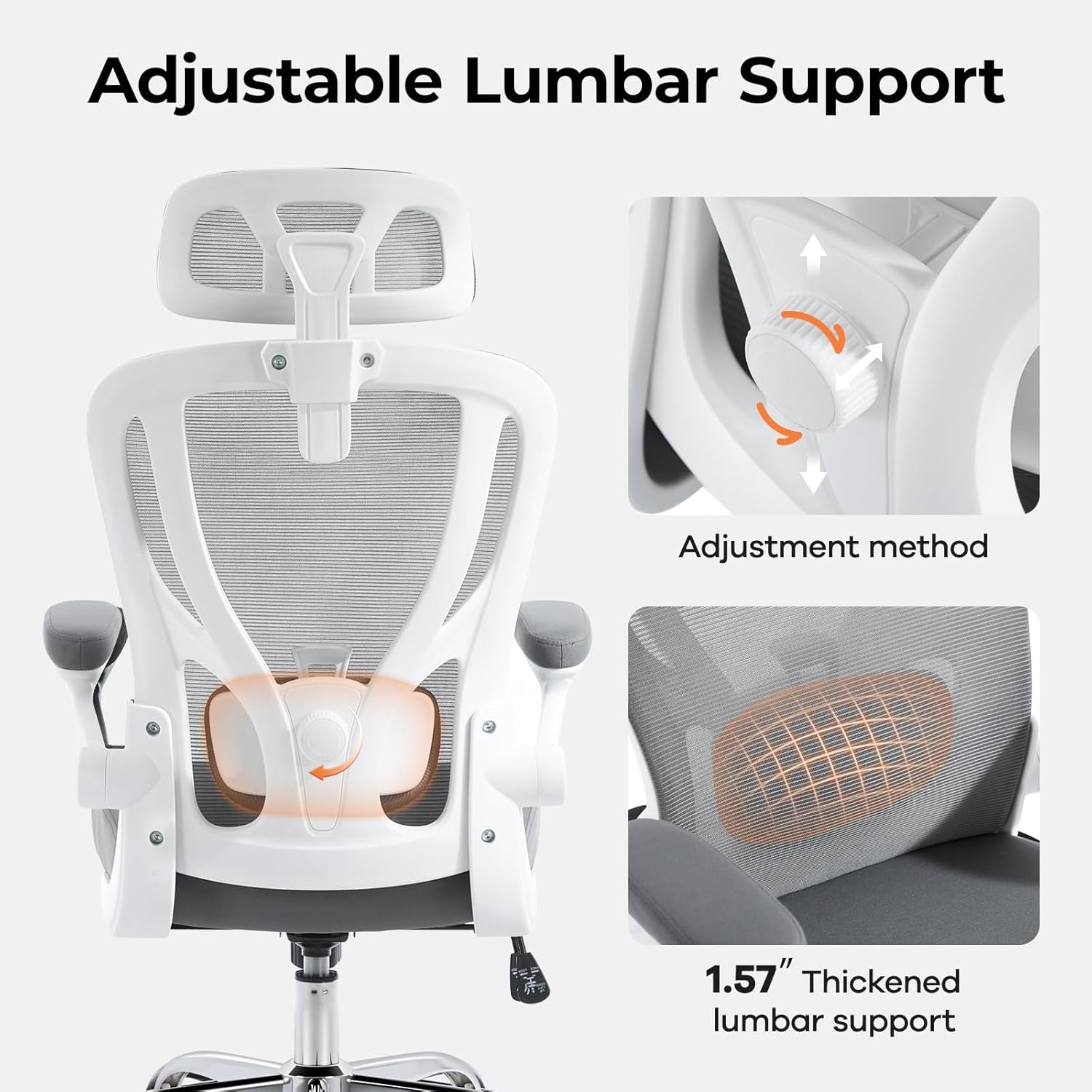 Office Chair Ergonomic Office Chair with Lumbar Support, Head Support, Rocking Function, Filp-Up Armrests, Mesh High Back Chair Home Office Desk Chair, Suitable for Home, Office, Grey