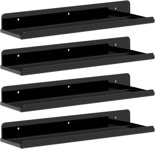Floating Shelves for Bathroom, Acrylic Display Shelf Wall Mounted for Makeup, Skincare, Nail Polish, Book, 14" Perfume Organizer for Bedroom, Living Room, Nursery, Home Decor, Black, 4 Pack