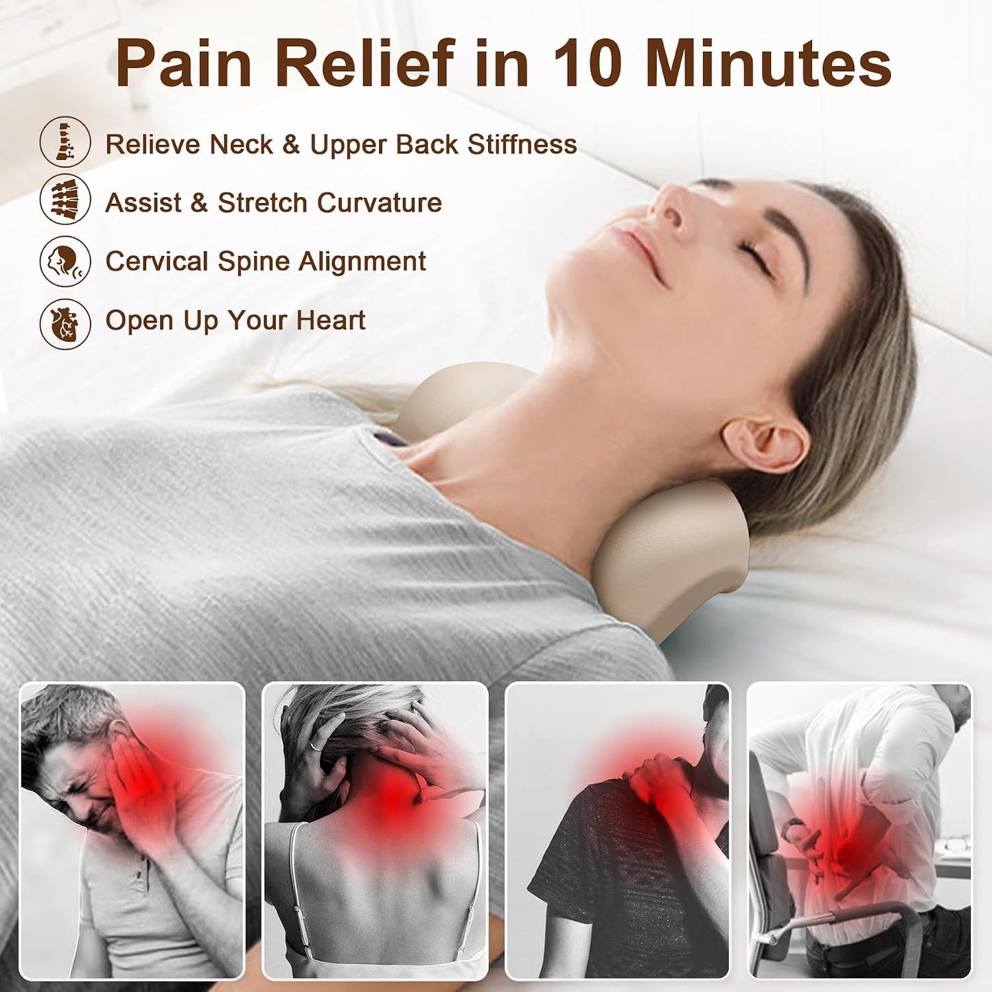 Neck and Shoulder Relaxer with Upper Back Massage Point, Cervical Traction Device Neck Stretcher for TMJ Pain Relief and Cervical Spine Alignment Chiropractic Pillow (Ivory)