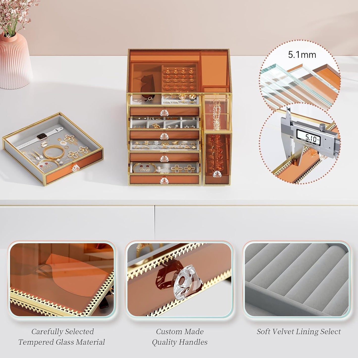 Youdepot Tempered Glass Makeup Organizer Countertop for Vanity & Skincare + 5-Drawer Glass Jewelry Box Organizer for Women with Velvet Storage