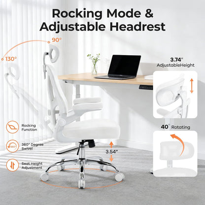 Office Chair Ergonomic Office Chair with Lumbar Support, Head Support, Rocking Function, Flip-Up Armrests, Mesh High Back Chair Home Office Desk Chair, Suitable for Home, Office, White