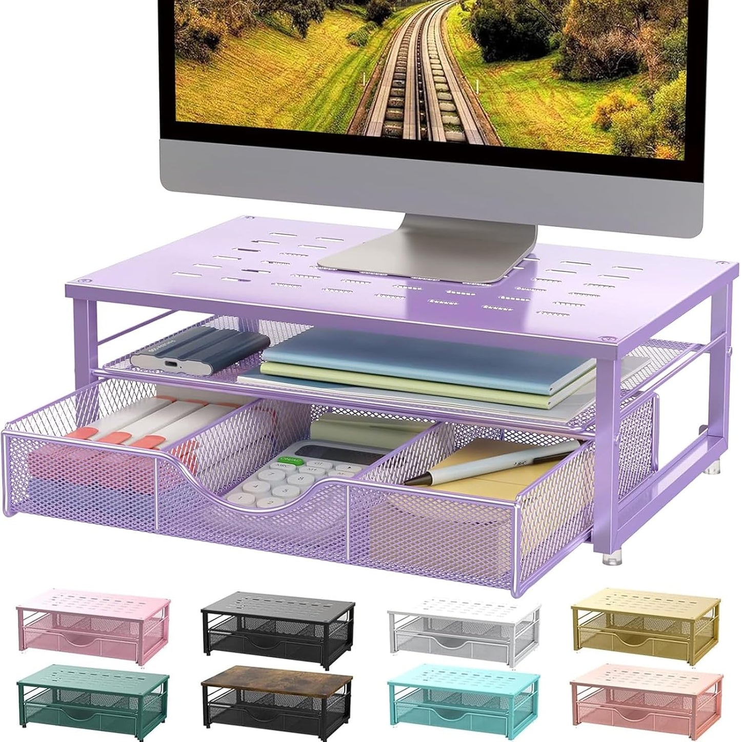 Computer Monitor Stand Riser, Office Organizer with Drawer, Office Organizers Storage for Classroom Office Supplies (Purple)