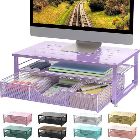 Computer Monitor Stand Riser, Office Organizer with Drawer, Office Organizers Storage for Classroom Office Supplies (Purple)