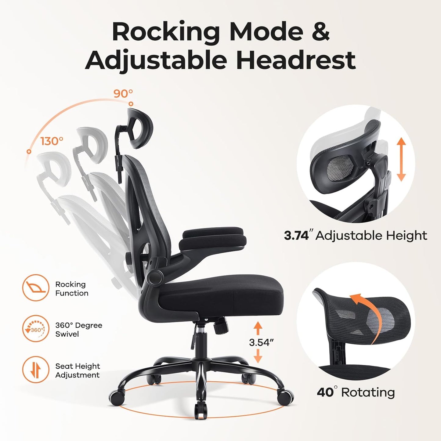 Office Chair Ergonomic Office Chair with Lumbar Support, Head Support, Rocking Function, Filp-Up Armrests, Mesh High Back Chair Home Office Desk Chair, Suitable for Home, Office, Black