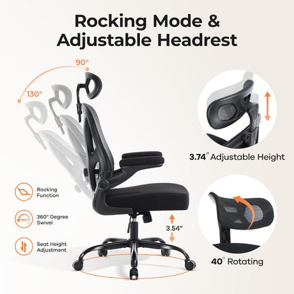Office Chair Ergonomic Office Chair with Lumbar Support, Head Support, Rocking Function, Filp-Up Armrests, Mesh High Back Chair Home Office Desk Chair, Suitable for Home, Office, Black