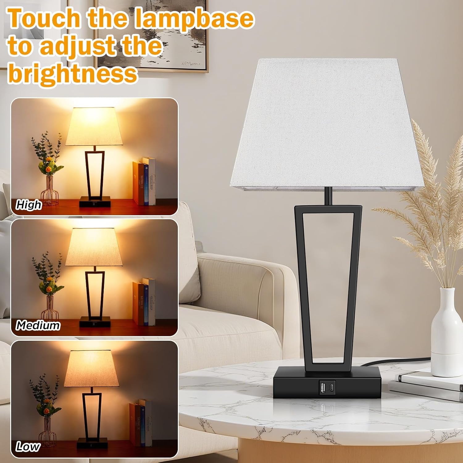 Hotel Style Modern Bedside Lamps Set of 2,Touch Control &3-Way Dimmable,Black Geometric Table Lamps with USB-C & USB-A Charging Ports for Bedroom,Nightstands,Living Room (2 Bulbs Included)