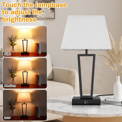 Hotel Style Modern Bedside Lamps Set of 2,Touch Control &3-Way Dimmable,Black Geometric Table Lamps with USB-C & USB-A Charging Ports for Bedroom,Nightstands,Living Room (2 Bulbs Included)