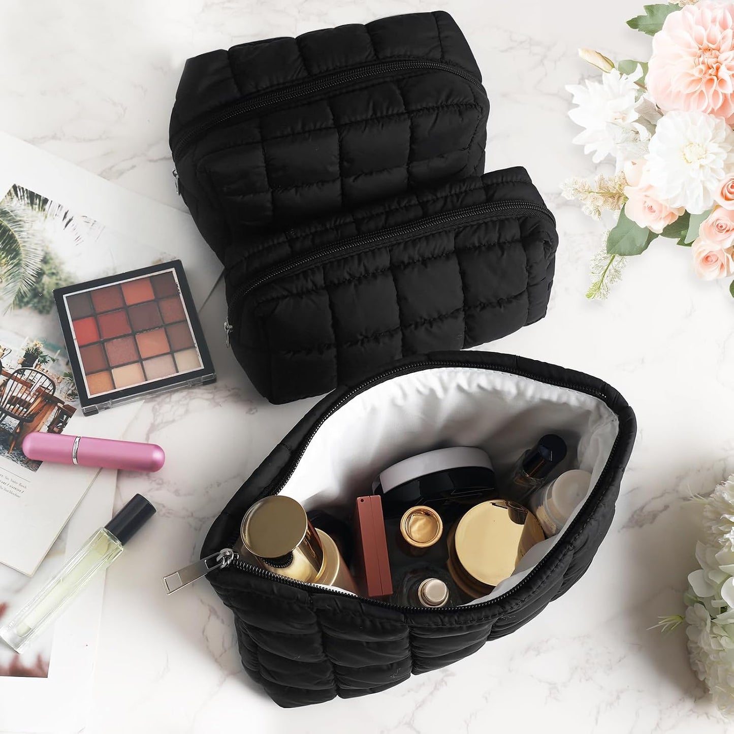 3Pcs Quilted Makeup Bag for Women Puffy Cosmetic Bags Cute Checkered Travel Toiletry Bag Puffer Makeup Pouch for Purse Pencil Case Zipper Puffer Skincare Brushes Storage Organizer(Black)