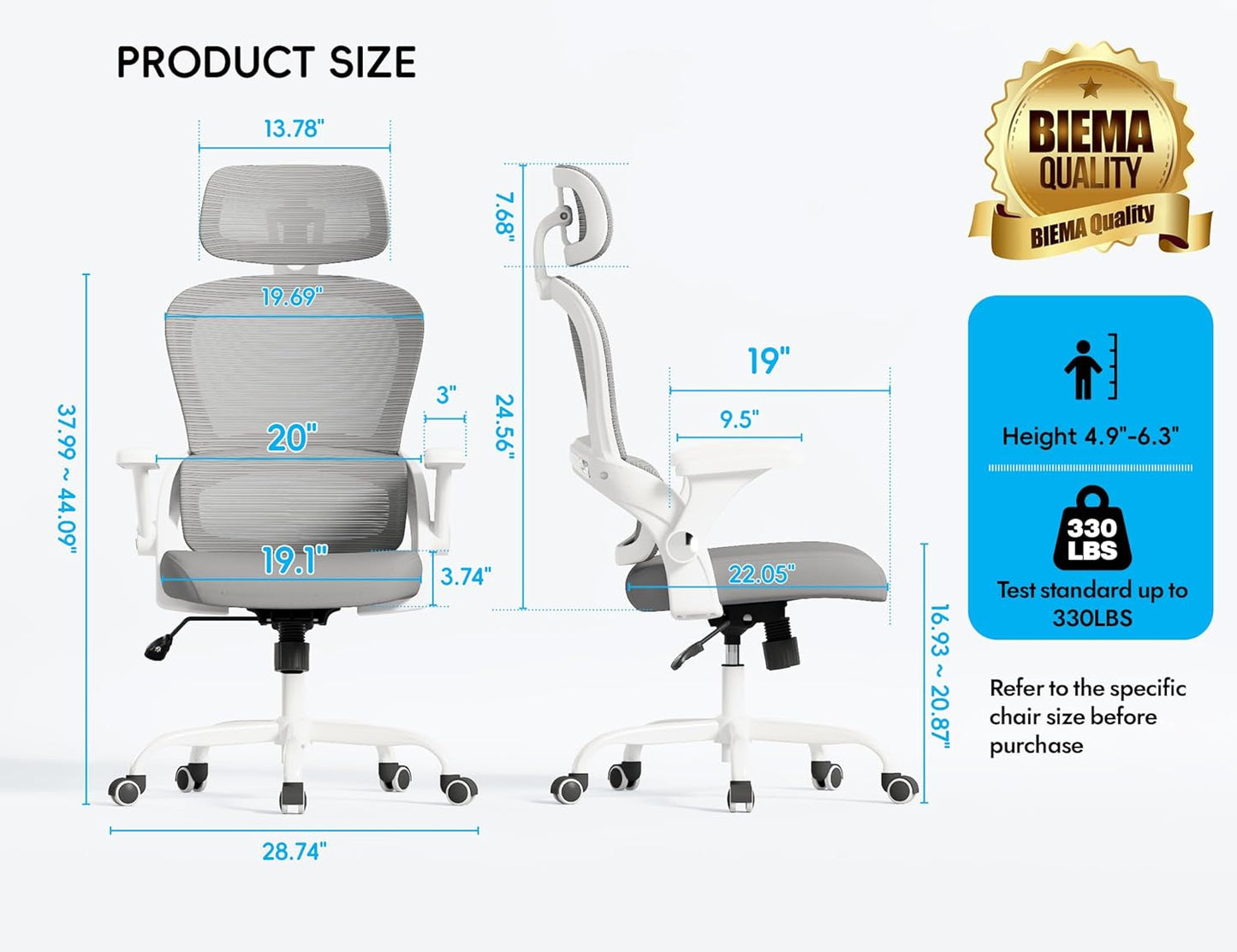 Office Chair - Ergonomic Office Chair with Back Support, Computer Chair - Home Office Desk Chairs, 330Lbs Wide Seat Big and Tall Office Chairs with Headrest, Comfy Desk Chairs (Grey)