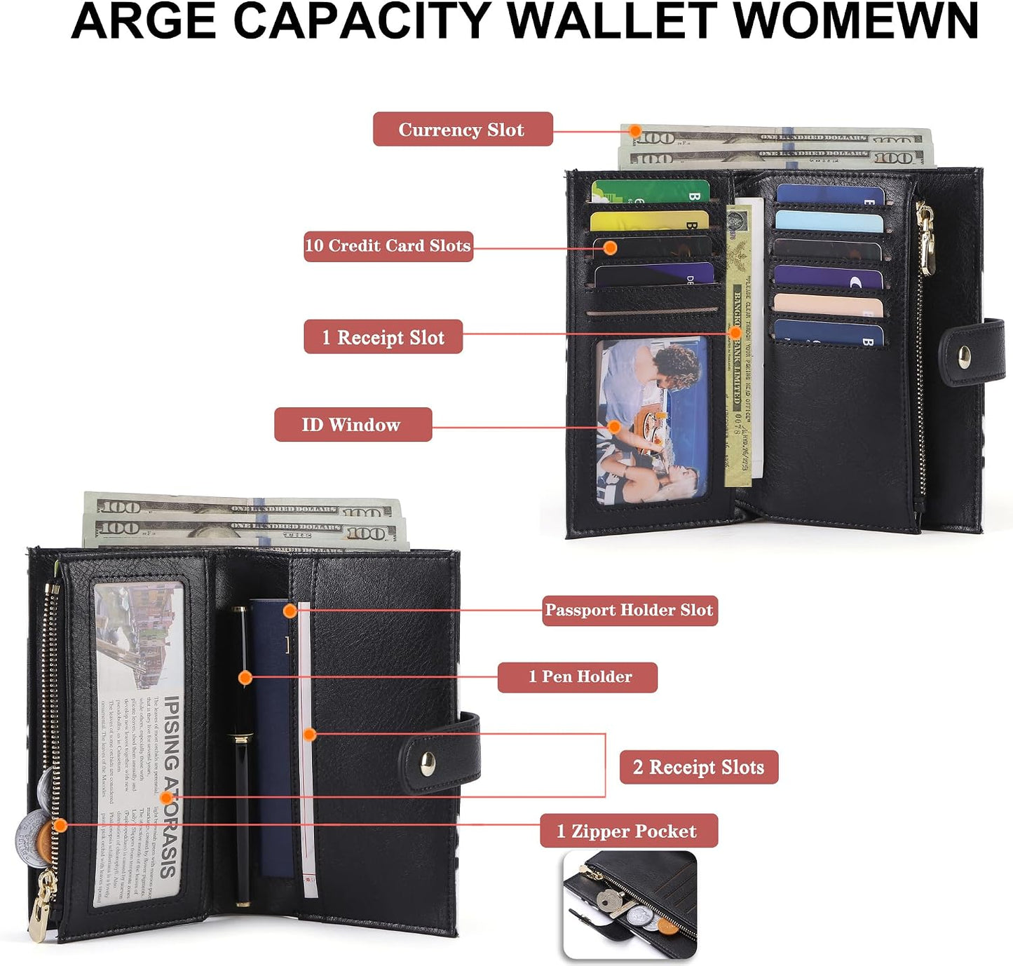 Wallet Women RFID Blocking Multi Cards Wallet Credit Card Holder for Women Large Capacity Lady Leather Trifold Travel Wallet with Pen Holder
