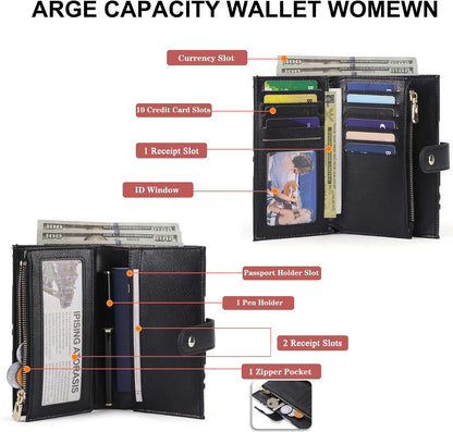 Wallet Women RFID Blocking Multi Cards Wallet Credit Card Holder for Women Large Capacity Lady Leather Trifold Travel Wallet with Pen Holder