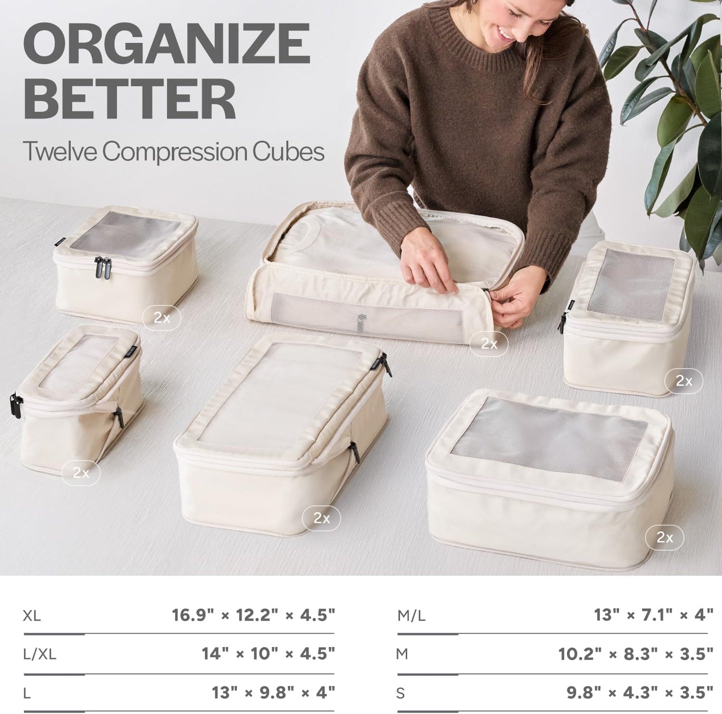 Compression Packing Cubes for Travel - Luggage Organizer Bags - Double Zipper Packing Cubes for Suitcases (12-Pack, Beige)