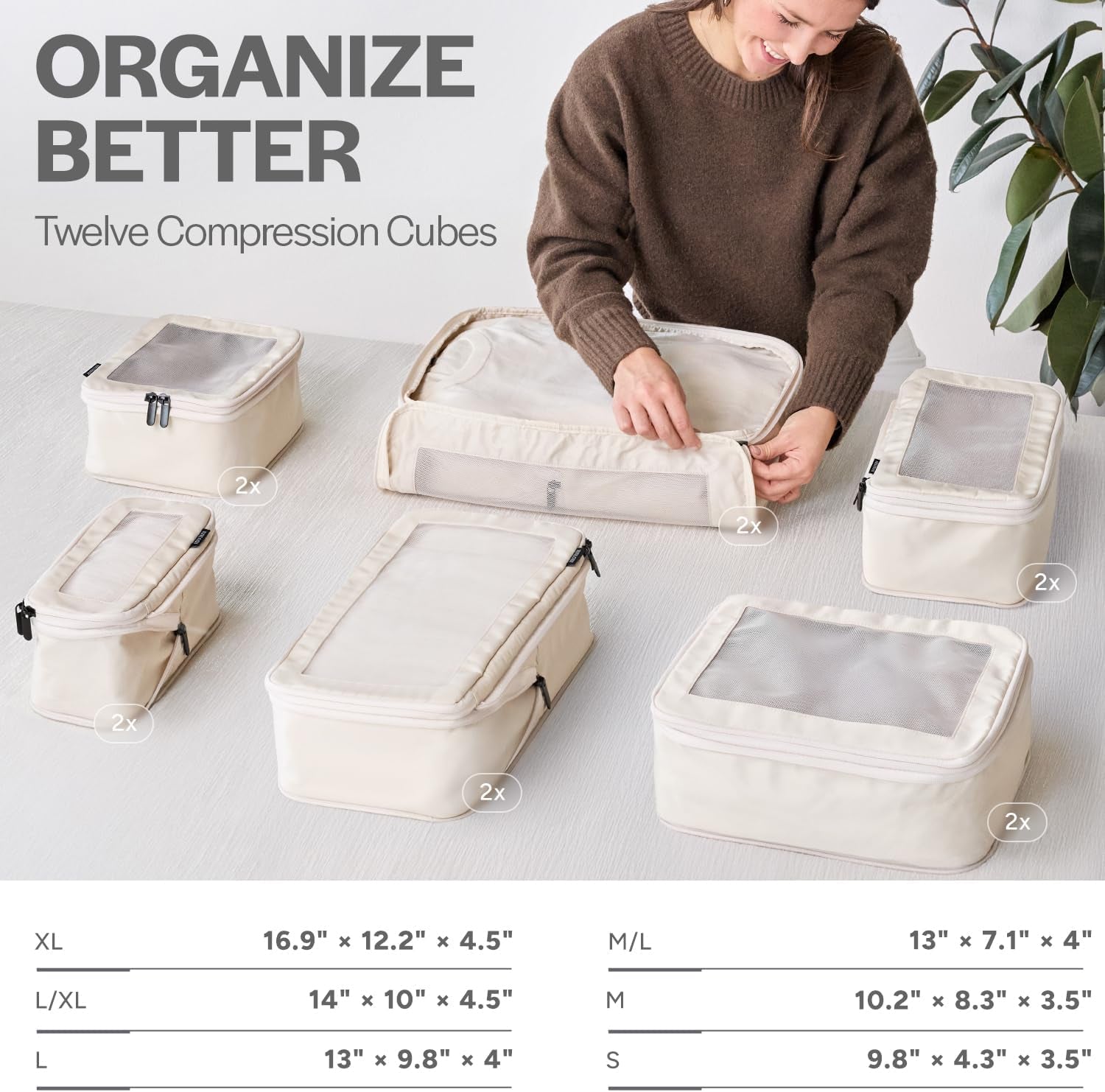 Compression Packing Cubes for Travel - Luggage Organizer Bags - Double Zipper Packing Cubes for Suitcases (12-Pack, Beige)