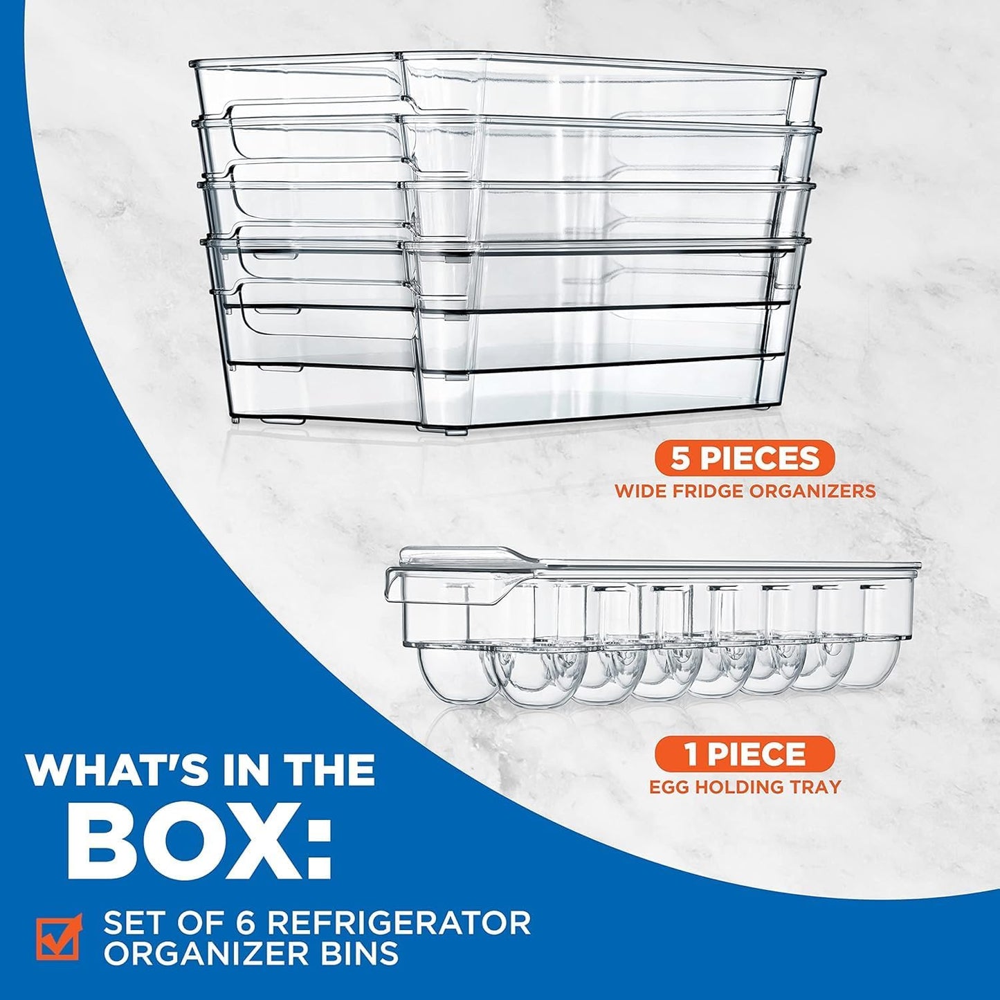 Refrigerator Organizer Bins 6-Piece - Plastic Storage Bins with Egg Holder - for Fridge, Freezer, Kitchen, Cabinet, Countertops, Pantry - Stackable Food & Drink Containers, 14.5"X7" - Clear