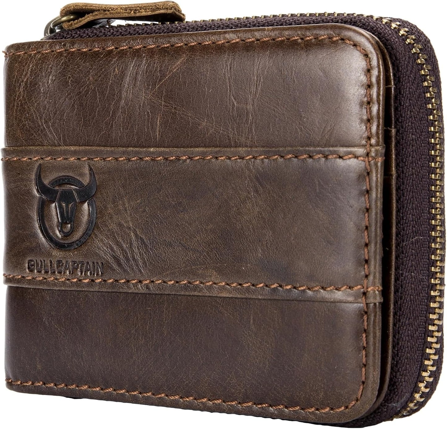 Mens Leather Wallet Zipper RFID Blocking Wallets Coins Purse (Deep Brown)