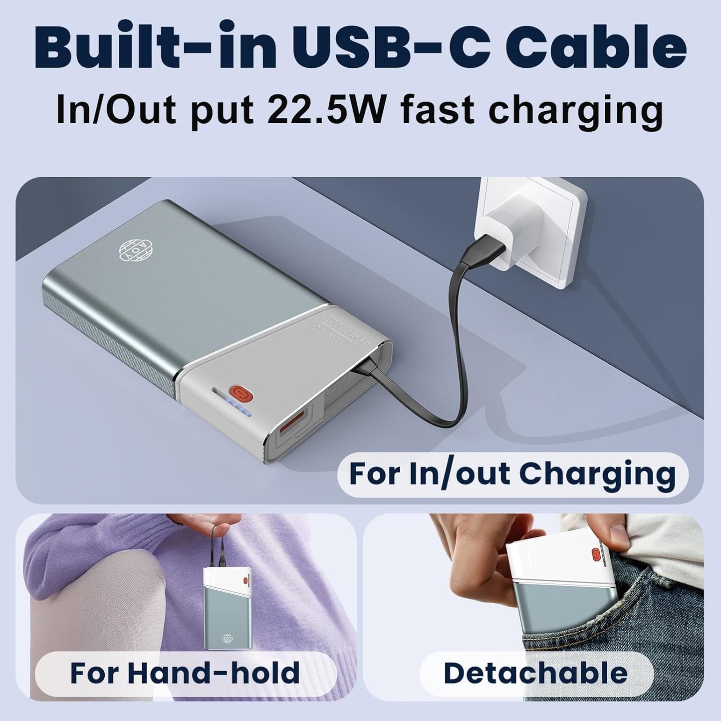 Portable Charger Power Bank, 20000Mah 22.5W PD Fast Charging Powerbank with Built-In USB C Cable, External Phone Battery Pack for Iphone 17/16/15 Samsung S24 Android Etc