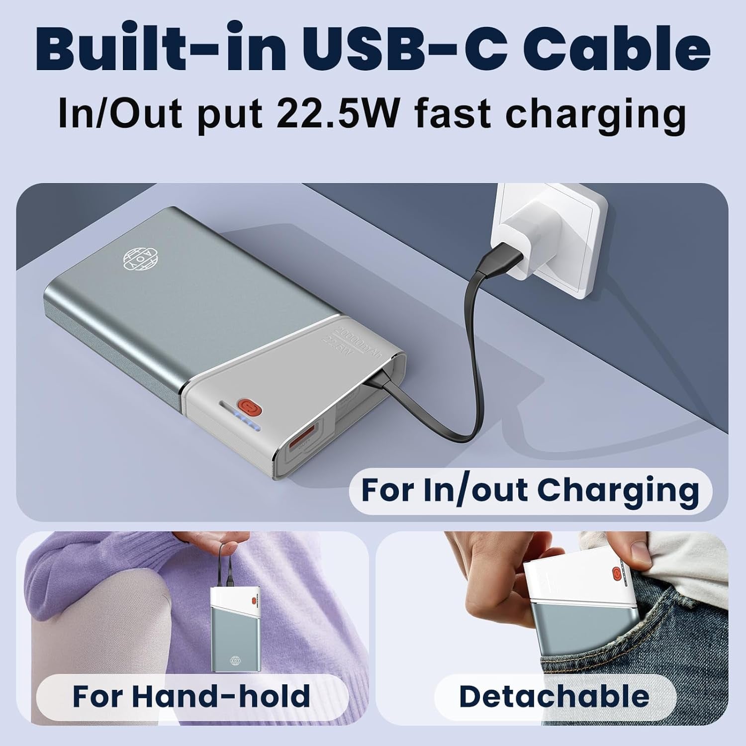 Portable Charger Power Bank, 20000Mah 22.5W PD Fast Charging Powerbank with Built-In USB C Cable, External Phone Battery Pack for Iphone 17/16/15 Samsung S24 Android Etc