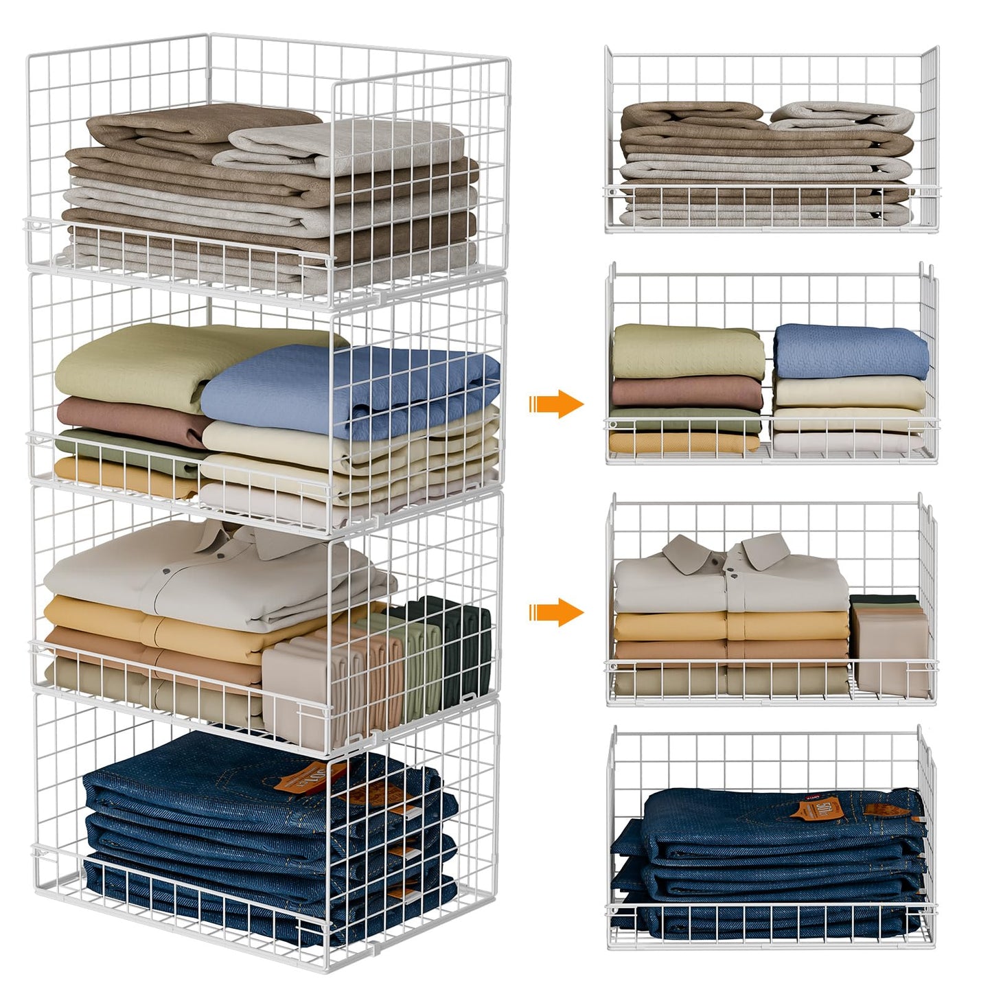 Yociyoga 4-Tier Stackable Closet Organizers and Storage Basket Foldable Closet Shelf Organizer System Space-Saving Clothes Storage Drawer Organizer for Wardrobe White (Patent Pending)