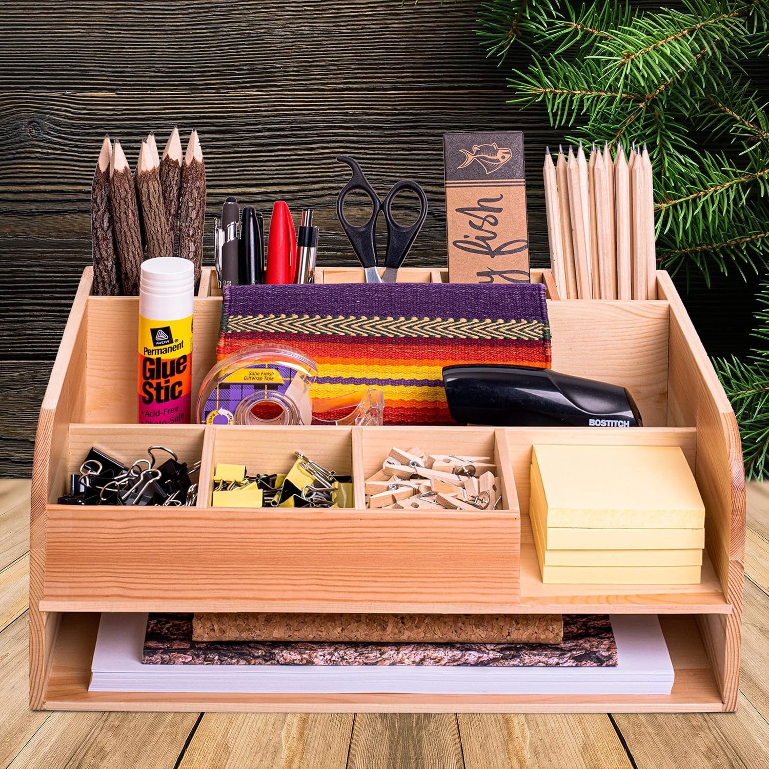 Natural Pine Wood Desk Organizer with File Organizer