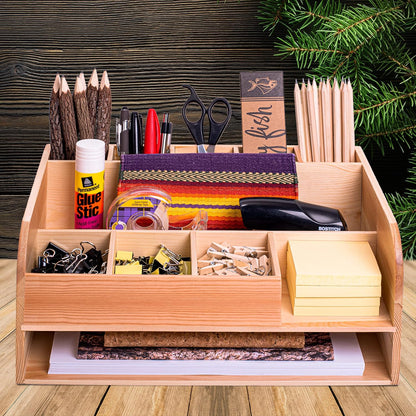 Natural Pine Wood Desk Organizer with File Organizer