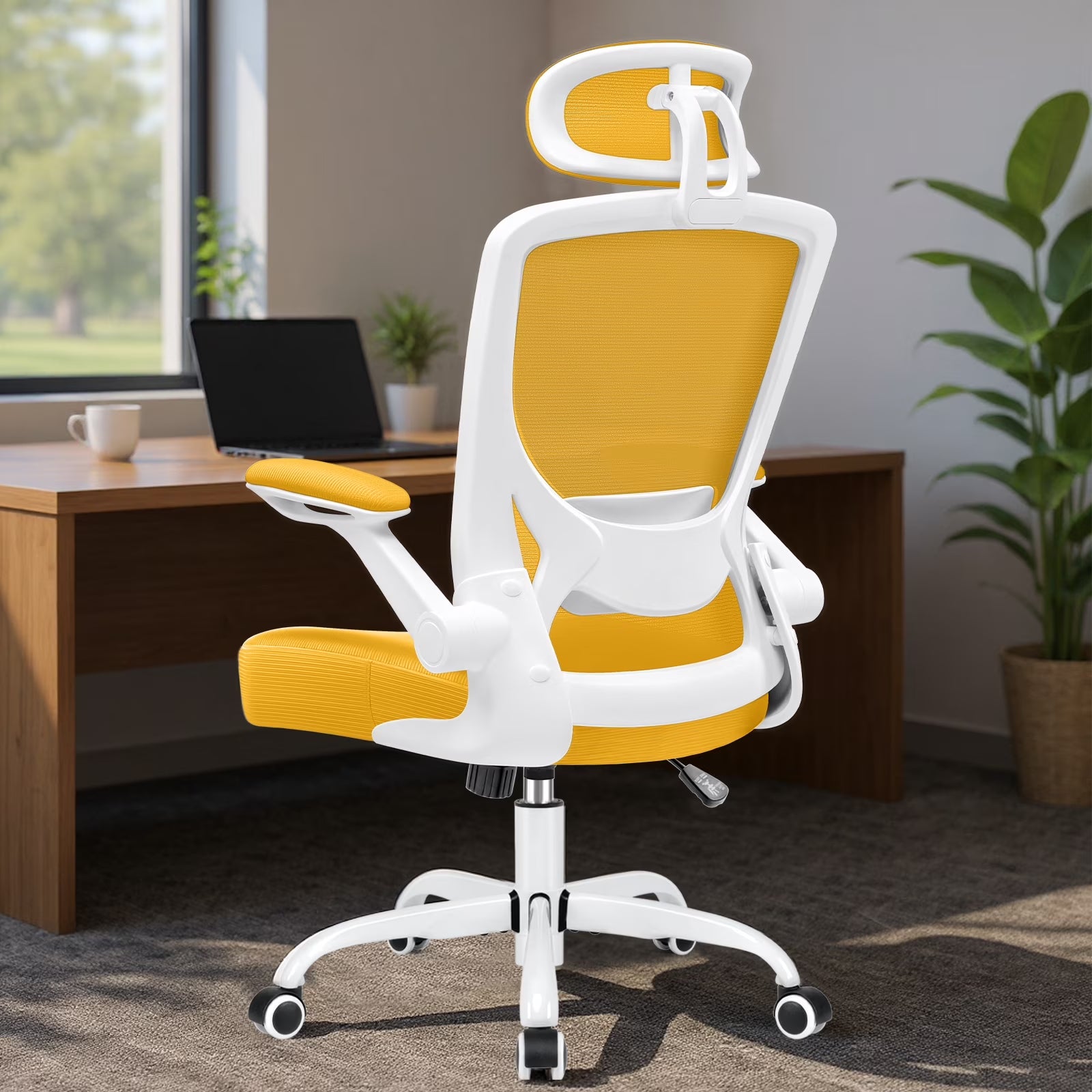 Office Chair Ergonomic Desk Chair, High Back Office Chair with Headrest, Big and Tall Comfy Home Office Desk Chair Lumbar Support Breathable Mesh Office Chair, Yellow
