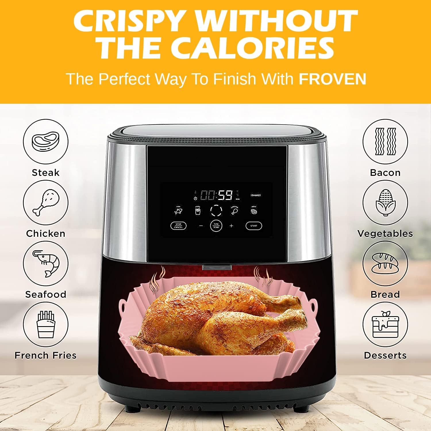 8 Inch Square Silicone Air Fryer Liners (2 Pack) Pink & Grey Reusable Non-Stick Inserts with Handles for Mess-Free Cooking & Heat Resistance – for Airfryer Ninja COSORI Instant Vortex & More