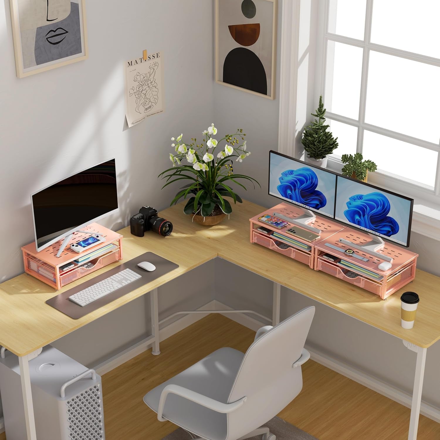 Computer Monitor Stand Riser, Office Organizer with Drawer, Office Organizers Storage for Classroom Office Supplies (Rose)