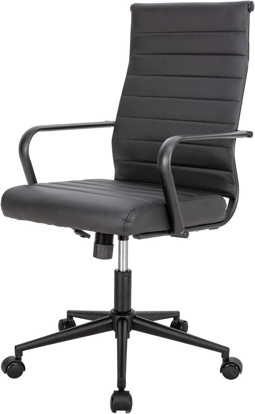 Okeysen Black Office Chair, Ergonomic Leather Modern Office Chair, Executive Ribbed Height Adjustable Swivel Rolling Chair for Home Office.