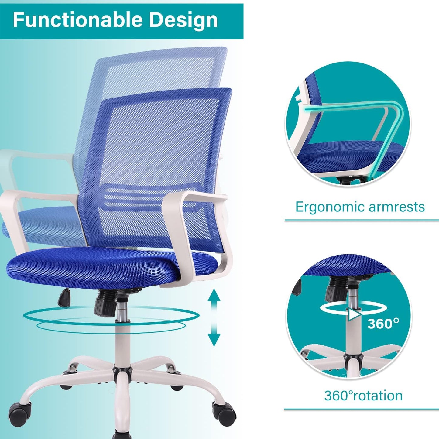 Ergonomic Mesh Desk Computer Mid Back Task Chair for Home Office Gaming, Blue