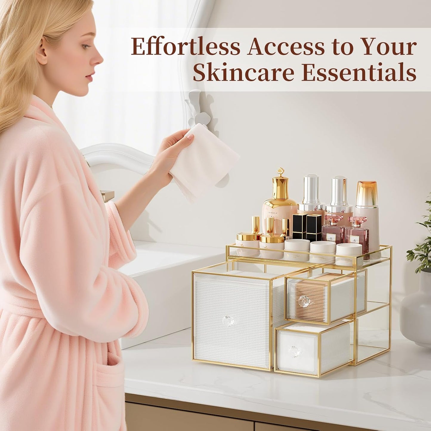 Clear Makeup Organizer Countertop with Gold Frame for Vanity Skincare + Tempered Glass Disposable Face Towel Holder with 3 Drawers for Bathroom Storage