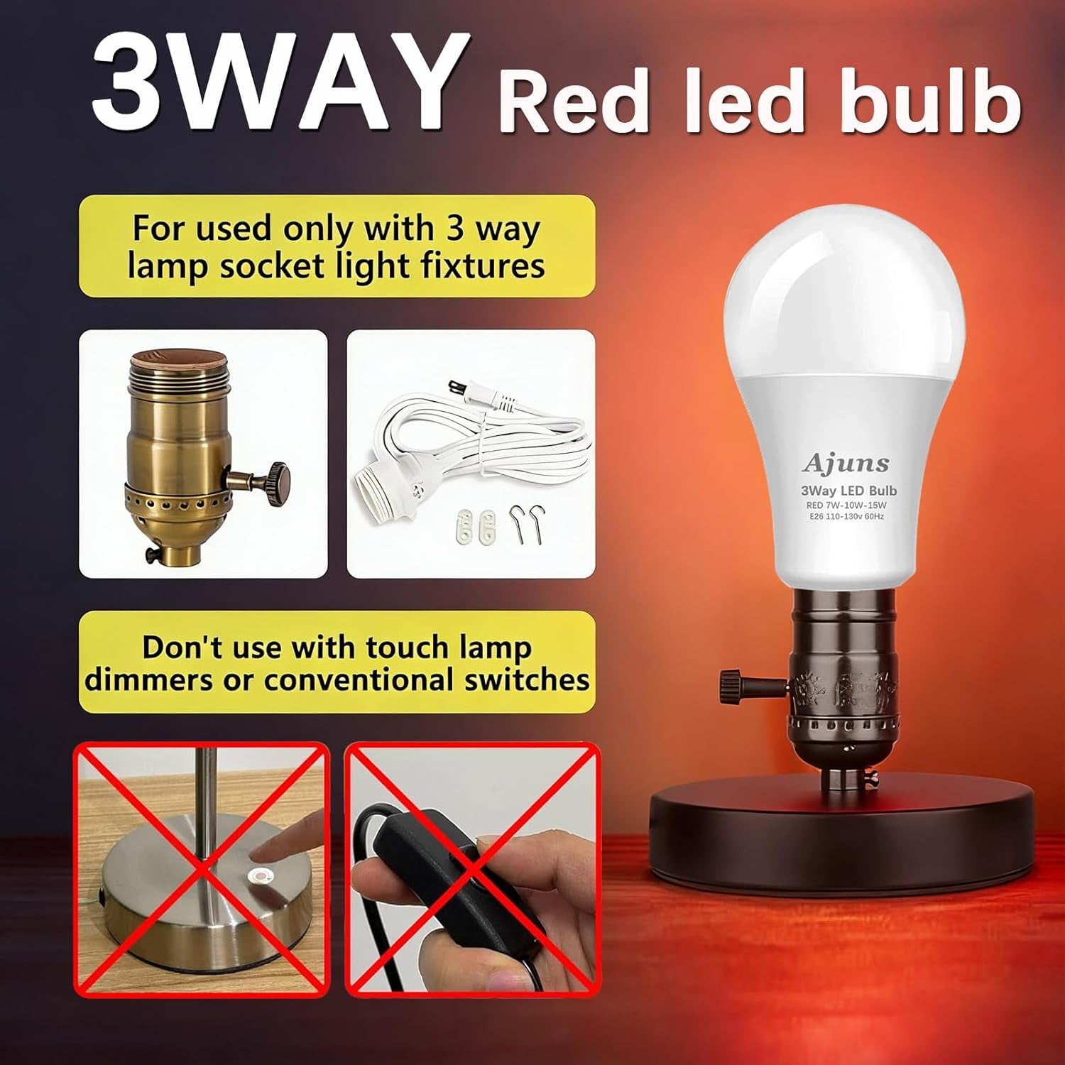 3Way Bulb Red Light Bulbs, 660Nm Red Light Bulb, E26 A19 3Way Bulb 5/10/15W, 3Way LED Bulb for Sleep, Reading, Desk Lamps, Floor Lamps, 2Packs