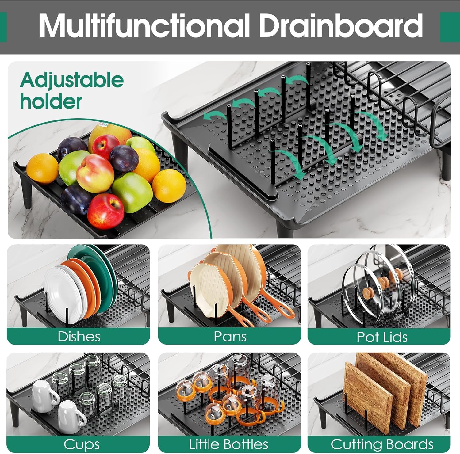 Large Extendable Dish Drying Rack, 16.93" to 26.57" Expandable Dish Rack for Kithen Counter, with Multifunctional Drainboard, Fits Any Sink, Heavy-Duty Steel Plate Drainer for Countertop Organization