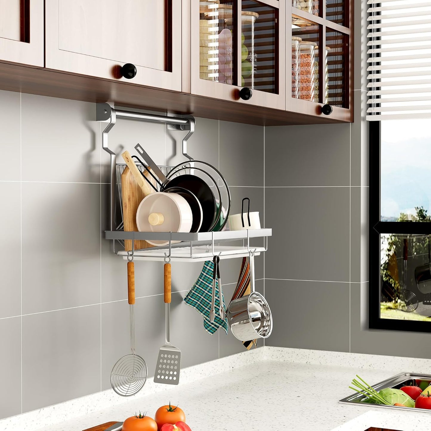 over Sink Dish Drainer Drying Rack, Stainless Steel Foldable Wall Mounted Dish Racks with Drainboard Hanging Rod and Sponge Holder, Silver