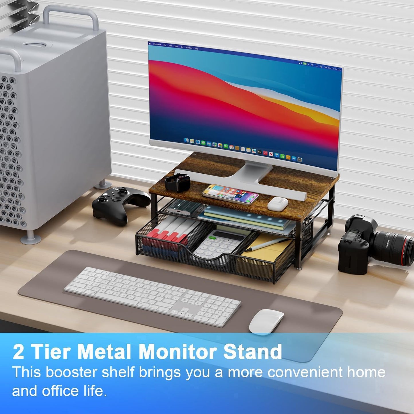 Computer Monitor Stand Riser, Office Organizer with Drawer, Office Organizers Storage for Classroom Office Supplies (Wood)