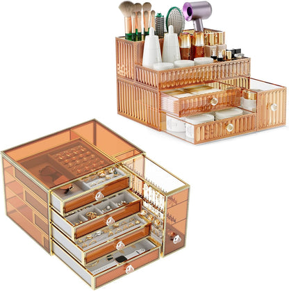 Youdepot Tempered Glass Makeup Organizer Countertop for Vanity & Skincare + 5-Drawer Glass Jewelry Box Organizer for Women with Velvet Storage
