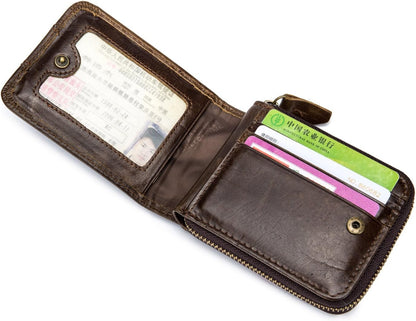 Mens Leather Wallet Zipper RFID Blocking Wallets Coins Purse (Deep Brown)