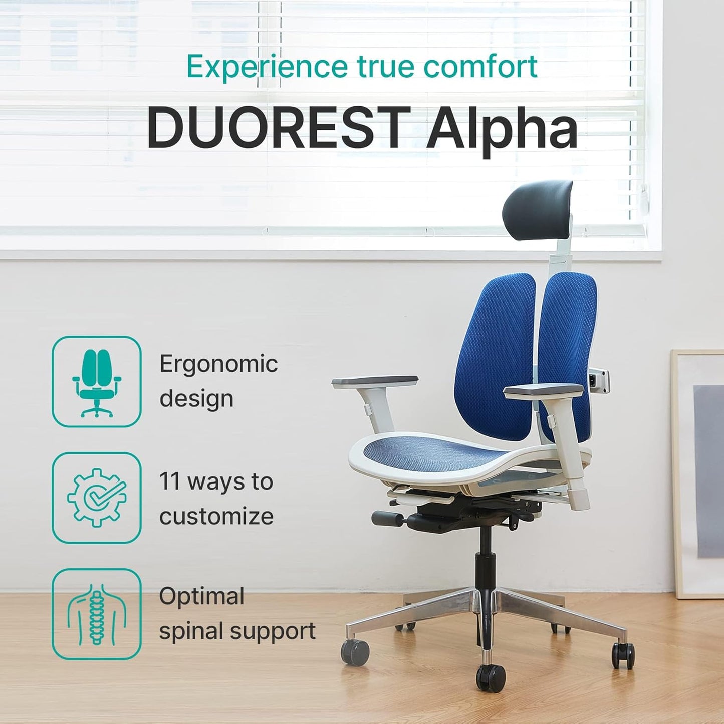 Alpha - Ergonomic Dual-Backrest Office Chair, Best for Lower Back Pain, Mesh, White/Blue