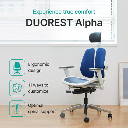 Alpha - Ergonomic Dual-Backrest Office Chair, Best for Lower Back Pain, Mesh, White/Blue