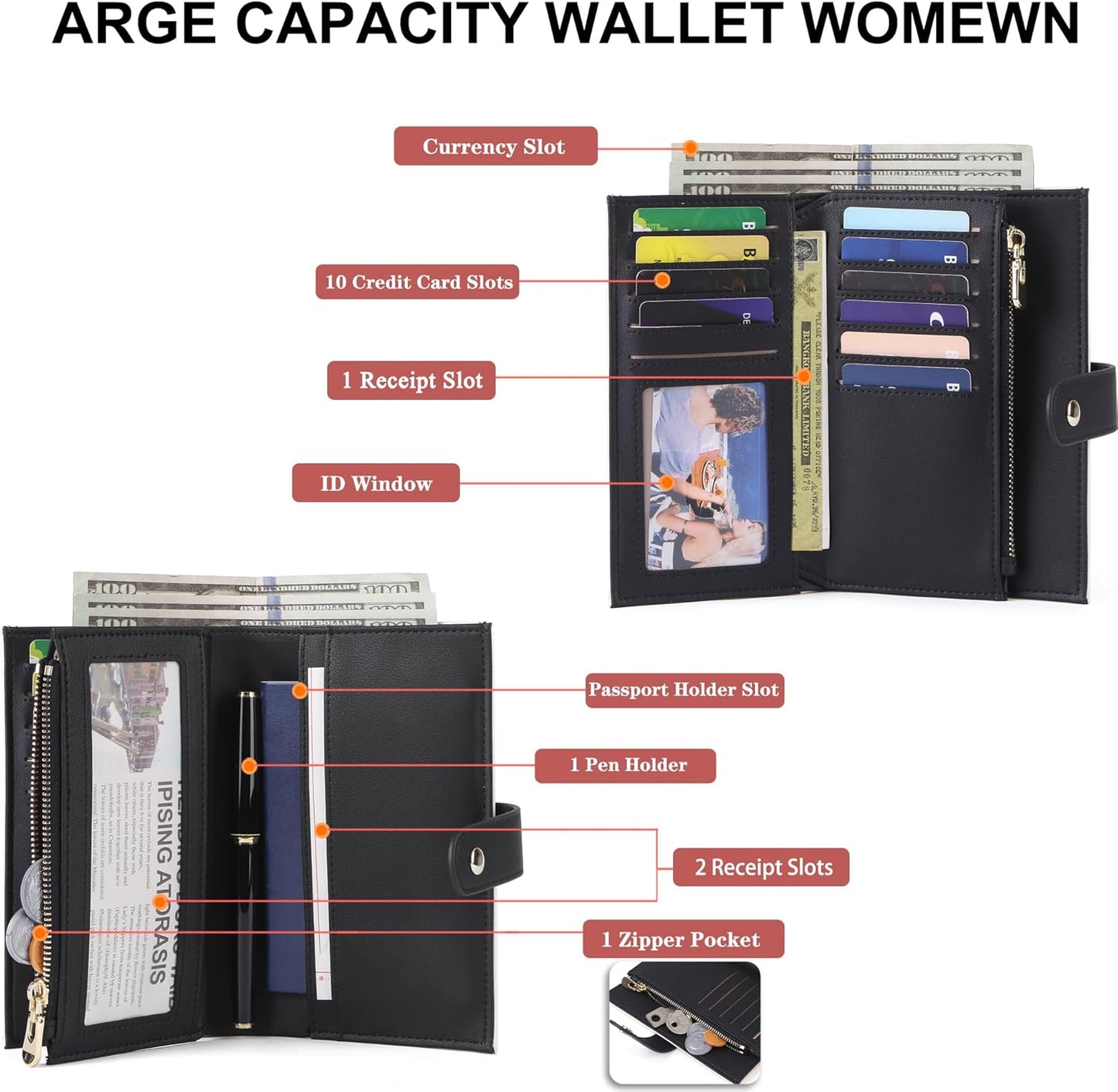 Wallet Women RFID Blocking Multi Cards Wallet Credit Card Holder for Women Large Capacity Lady Leather Trifold Travel Wallet with Pen Holder