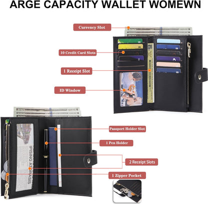 Wallet Women RFID Blocking Multi Cards Wallet Credit Card Holder for Women Large Capacity Lady Leather Trifold Travel Wallet with Pen Holder