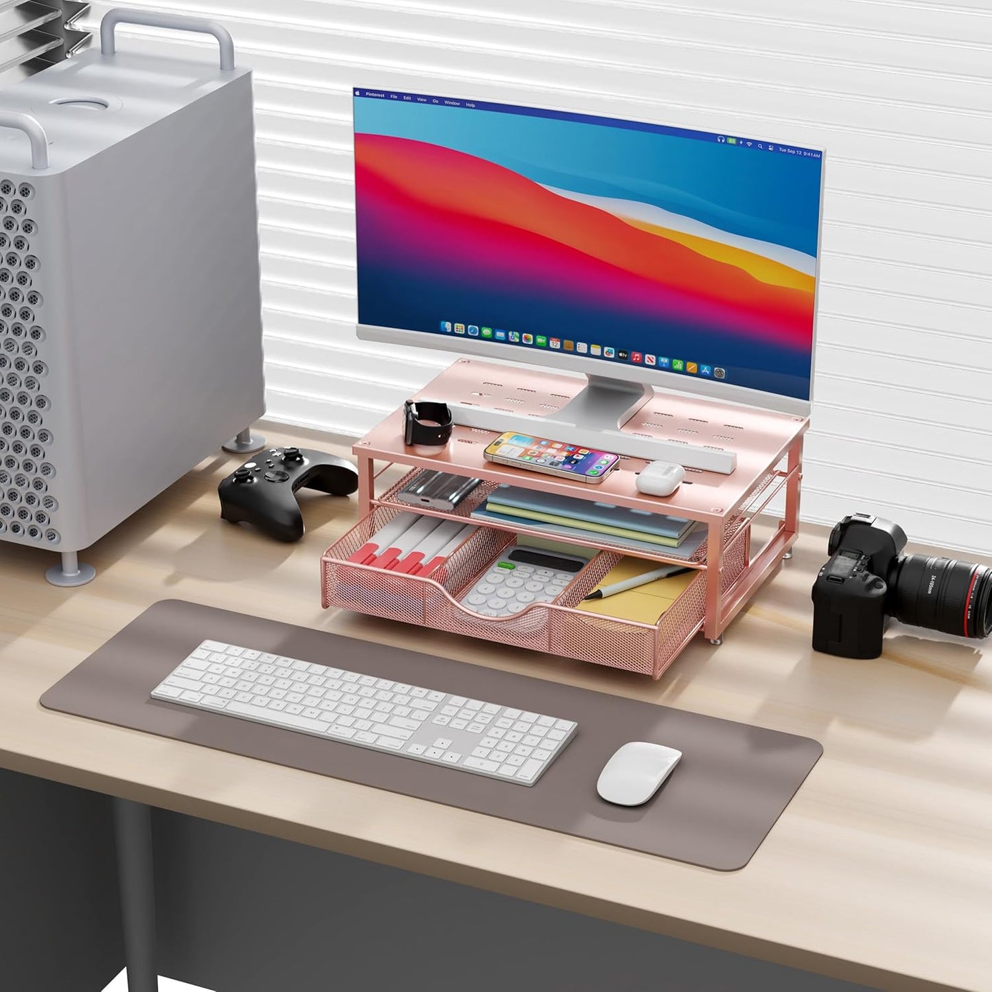 Computer Monitor Stand Riser, Office Organizer with Drawer, Office Organizers Storage for Classroom Office Supplies (Rose)