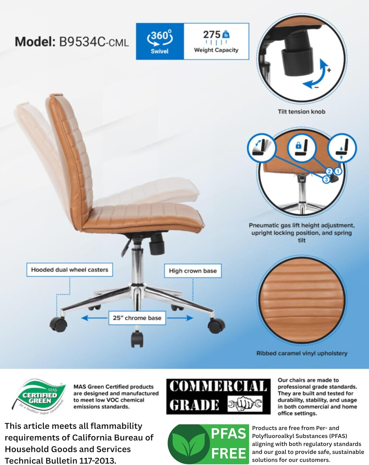 Modern Vinyl Armless Hospitality Office Chair, Caramel